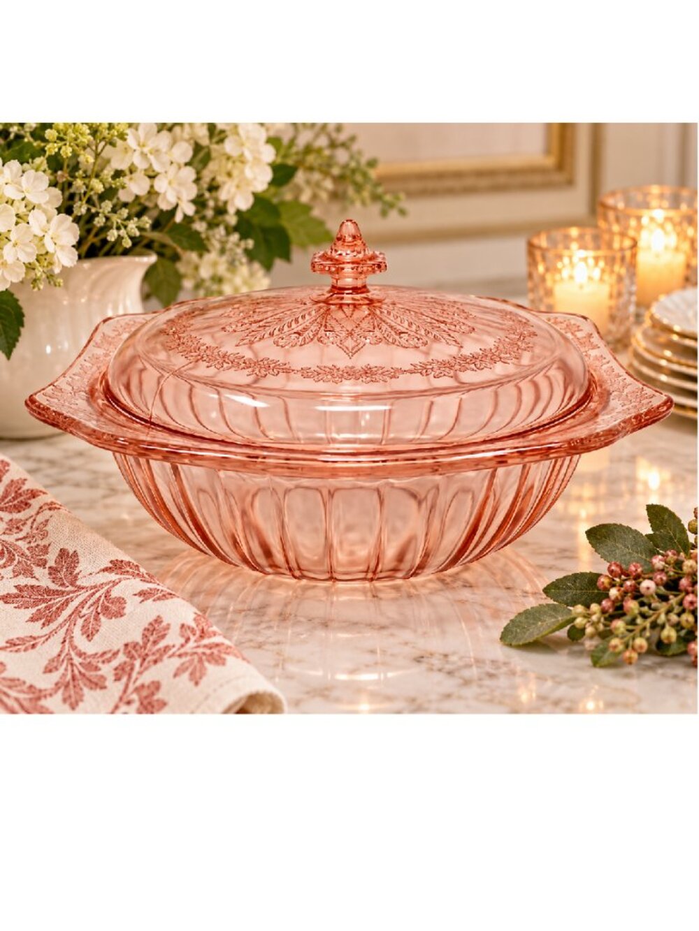 Jeannette “Adam” Pink Depression Glass Covered Vegetable/Casserole Dish